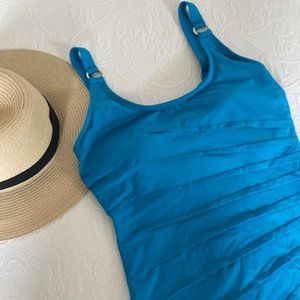 CALVIN KLEIN LUXE FABRIC ONE-PIECE BATHING SUIT OCEAN BLUE SZ 10 PRE-LOVED